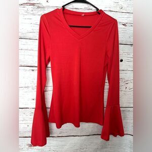 Women’s Ribbed Red V-Neck Bell Sleeve Blouse